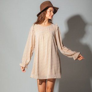 TAN PUFF RUFFLE SLEEVE PRINTED MINI DRESS